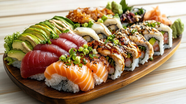 Fresh sushi platter with assorted nigiri and rolls, vibrant garnish and wasabi