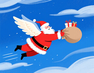 Naklejka premium Santa Claus Flies with Gifts in Winter Sky