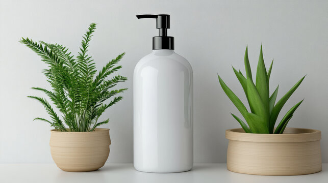 White pump bottle mockup with green potted plants and neutral background