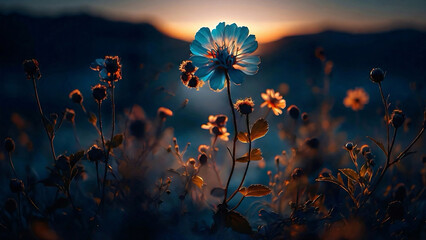 Radiant Blue Wildflower at Sunset with Cinematic Backlighting and Bokeh