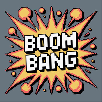 A pixel art comic book style explosion with "BOOM BANG" text, featuring vibrant yellow and orange colors on a grey background.