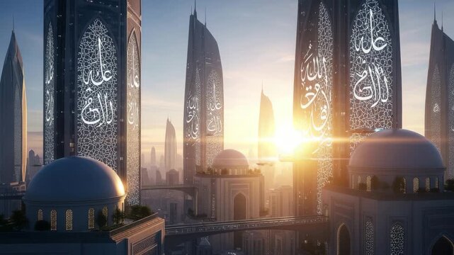 Futuristic cityscape with towering skyscrapers adorned with arabic calligraphy at sunset, creating a harmonious blend of tradition and innovation