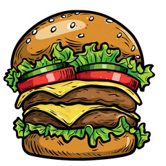 Delicious Double Cheeseburger With Fresh Lettuce And Tomatoes A Close Up Realistic Illustration On Transparent Background