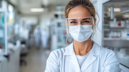 Female scientist wearing face mask and protective goggles smiling in laboratory