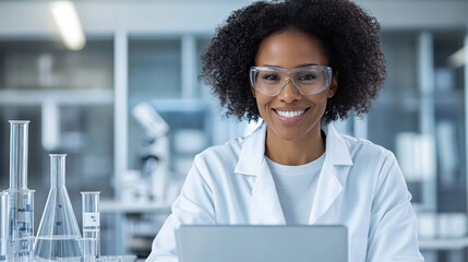 Scientist in lab coat smiling while working on laptop with glassware and safety goggles