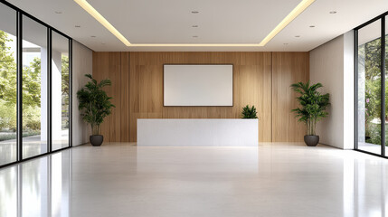 Fototapeta premium Modern minimalist reception lobby with wooden wall, white desk and potted plants