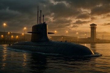 Fototapeta premium Modern Military Submarine Departing Naval Base – Ultra-Realistic 8K Editorial Scene