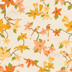 Fototapeta premium Chinoiserie Oranges and Butter Yellow Flowers on Vines with Orange Motmots All Hand Drawn Creating a Seamless Pattern Print