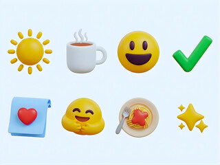 Y2k gratitude vibes icons set – sun, coffee, smile, check, note, hug, pasta, sparkle. 3D icon set