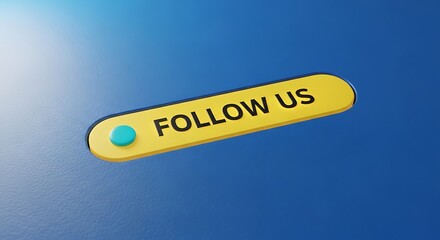 A 3d rendered yellow follow us button with a small cyan dot against a vibrant blue background