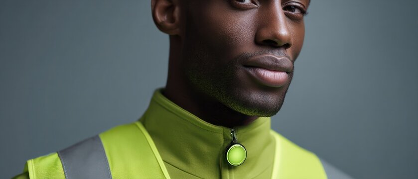 Close up of male worker wearing green high visibility vest with circular glowing wearable badge clipped to zipper for smart safety