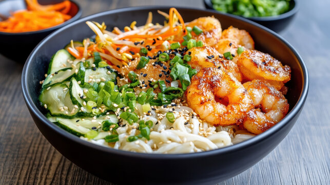 Spicy shrimp udon bowl with noodles cucumber carrot scallion sesame and steam - Powered by Adobe