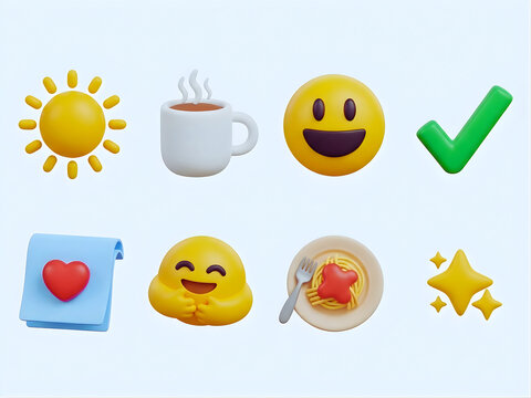Y2k gratitude vibes icons set – sun, coffee, smile, check, note, hug, pasta, sparkle. 3D icon set