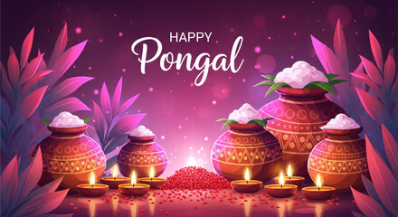 Happy pongal celebration with traditional pots and candlelight on a vibrant floral background