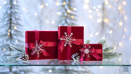 Festive red christmas candles with snowflakes and twinkling lights