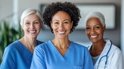 Smiling diverse female medical team in blue scrubs and lab coat celebrating compassionate care