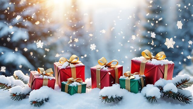 Festive christmas gifts under snowy evergreen trees with falling snow - Powered by Adobe