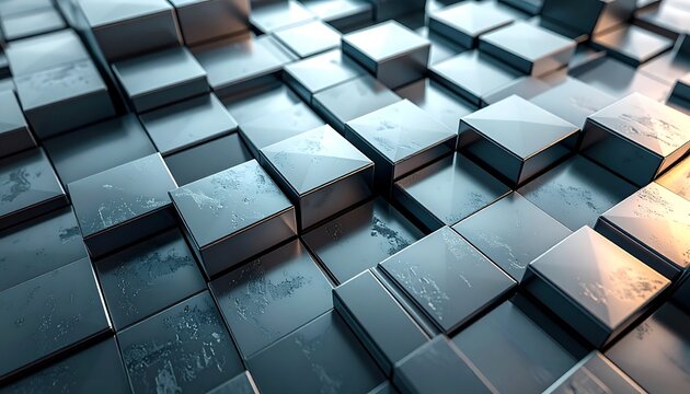 Metallic cubes of varying heights form a textured surface, reflecting light and shadows