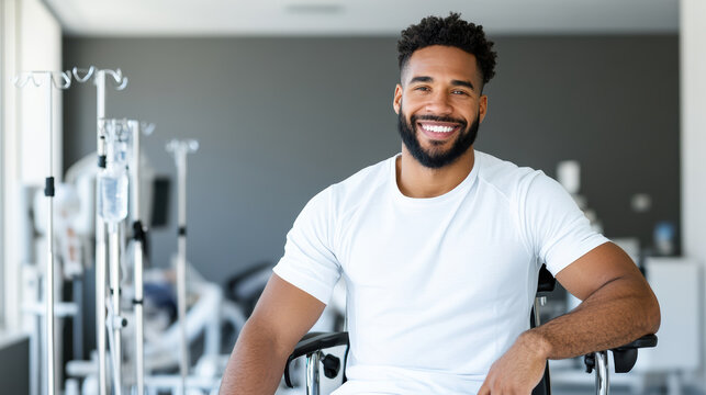 Smiling man in wheelchair receiving rehabilitation therapy, hopeful and relaxed