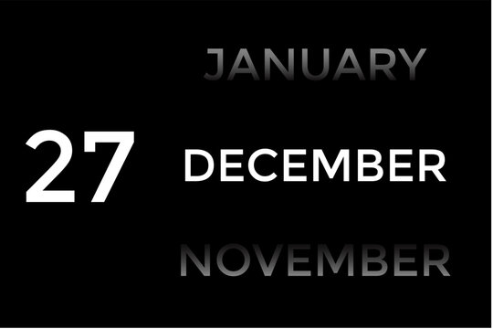 December 27 calendar with black background. A minimalist calendar template with well-structured date boxes and a sleek layout. This image is ideal for illustrating concepts such as time planning