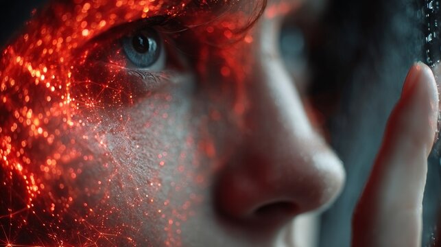 Intense close-up reveals a person's eye surrounded by vibrant, glowing red digital network particles symbolizing connection and data flow