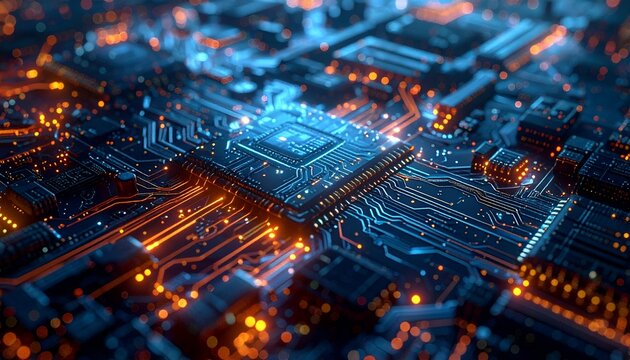 Close-up of glowing circuit board with central processor and illuminated pathways