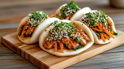 Steamed bao bun with tofu, pickled carrot, herbs and sesame for cozy meal