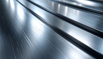 Close-up of metallic, parallel strips reflecting light in a smooth, polished surface