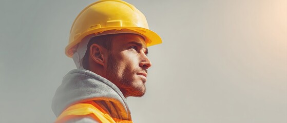 Construction site worker in orange safety vest and yellow hard hat looking focused under bright sunlight during field inspection
