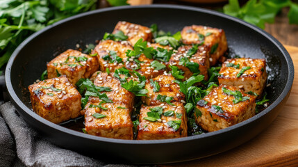 Caramelized tofu cubes with garlic soy glaze and sesame, garnished with fresh parsley