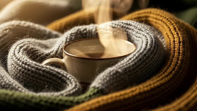 A cozy scene featuring a steaming cup of coffee nestled within soft, multicolored knitted scarves that evoke warmth and comfort on a chilly day