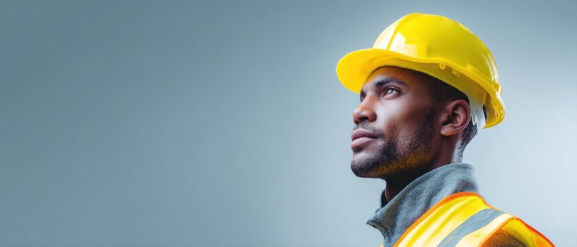 Male construction worker in yellow hard hat and reflective vest looking up with determination in professional safety gear - Powered by Adobe