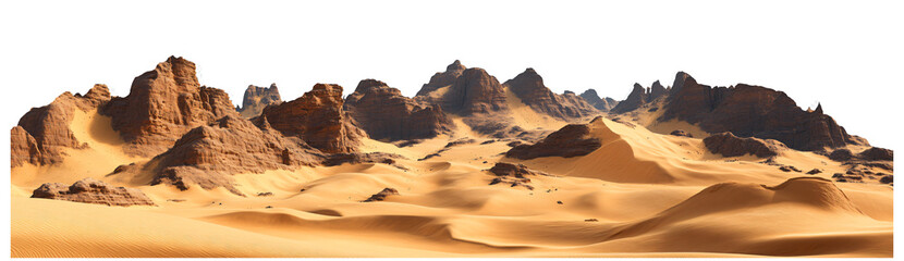 Naklejka premium Vast desert landscape with dramatic sandstone mountains and rolling dunes