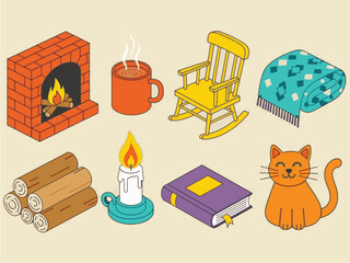 Cozy Fireside Icons. Cozy Fireside flat icons set. brick fireplace, rocking chair, steaming cup, knit throw, wood logs, candlelight, book, cat