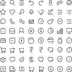 Web Icon Set: A comprehensive collection of hand-drawn web icons, perfect for web design, app development, and UI/UX projects. These simple icons can be used for any digital interface.