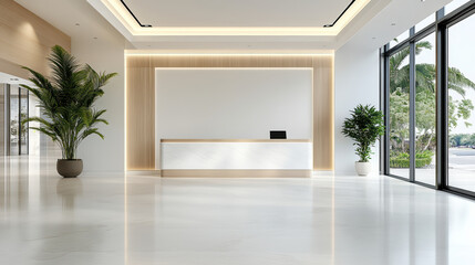 Fototapeta premium Modern reception desk in bright lobby with large windows and tropical plants