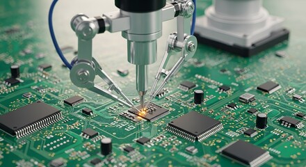 Automated robotic arm precisely solders a microchip on a vibrant green circuit board surface.