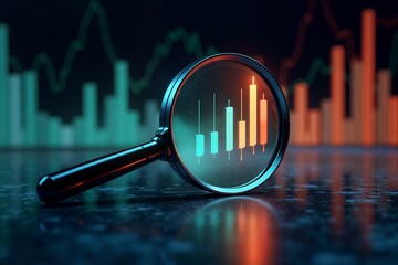 Magnifying glass reveals glowing stock charts on dark surface, symbolizing financial analysis and market trends under futuristic lighting.