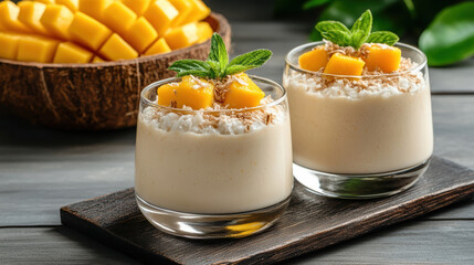 Creamy mango coconut dessert topped with mango cubes, toasted coconut and mint