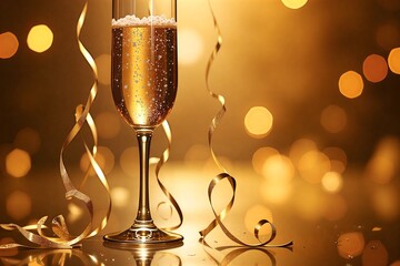 Golden champagne flute beside swirling ribbon, sparkling bubbles against warm bokeh lights on festive glittery surface.