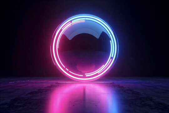 Neon pink and blue circular portal glowing in dark space, reflecting vibrant hues on reflective floor. Futuristic sci-fi scene.
