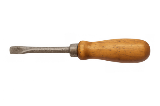 Vintage flathead screwdriver with a wooden handle appearing isolated on a transparent alpha background