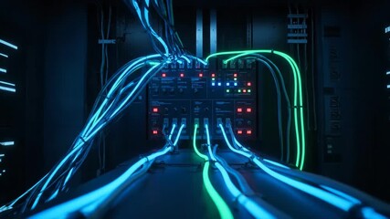 Server room with glowing cables and data processing equipment - Powered by Adobe