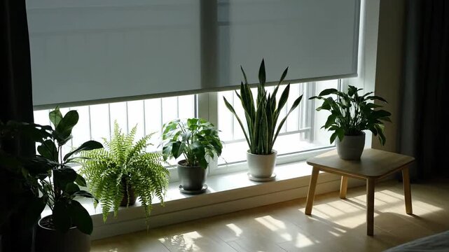 Indoor plants in pots by a bright window sill in morning light