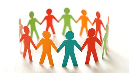 Colorful paper figures holding hands in a circle symbolize teamwork, unity, cooperation, community, support, diversity, inclusion, leadership, connection, and strong human relationships.