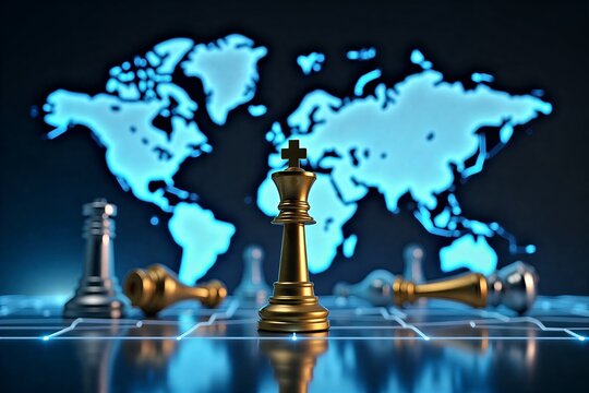 Golden chess queen on digital board, global map backdropstrategic leadership in futuristic business world.