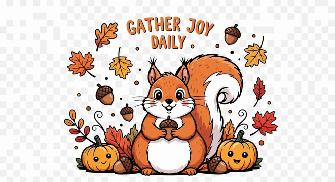 Gather joy daily autumn themed illustration with cute squirrel holding acorn, surrounded by fall leaves and pumpkins on transparent background