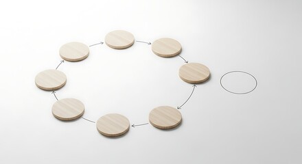 Wooden circular diagram with eight connected tokens and one empty spot, isolated on white background