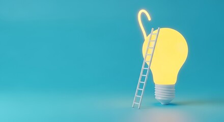 A glowing light bulb with a small ladder reaching up to a glowing hook against a blue background