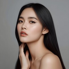 Elegant beauty portrait of a young woman with smooth skin and sleek dark hair, showcasing natural makeup, flawless complexion and serene studio atmosphere